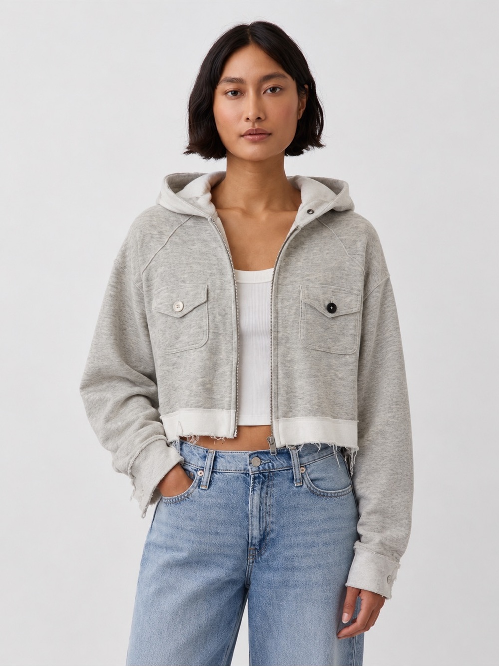 Free People Oversized Crop Hoodie Gray Zip Front Sweatshirt Cotton X